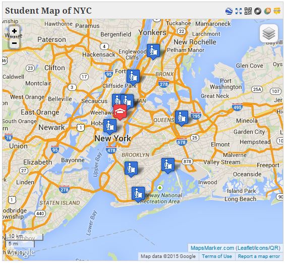 Student Map of NYC for the first Mapping the Futures of Higher Education Spring Course Maps points of nine campuses where enrolled GC doctoral and masters students will teach across CUNY